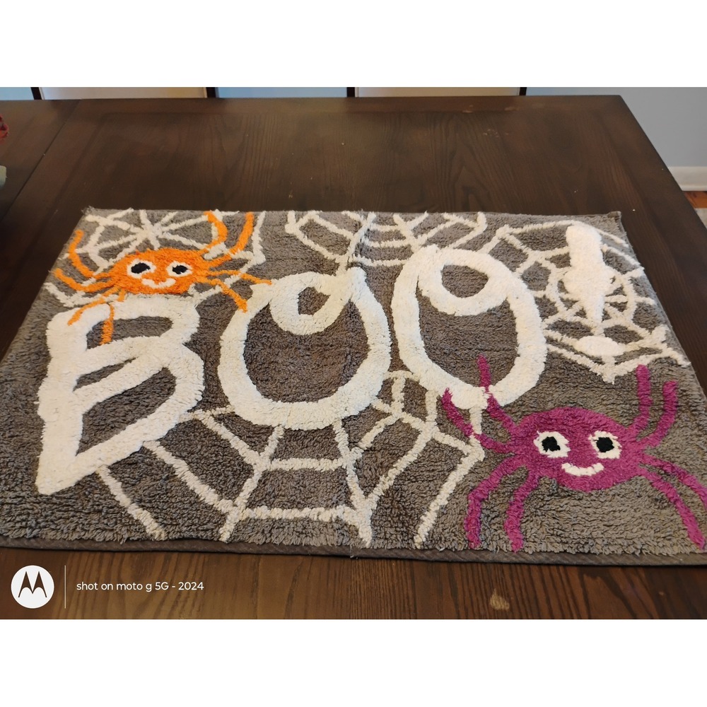 Halloween Boo Spider Web Bath Mat Rug Grey Orange Purple Spooky Decor